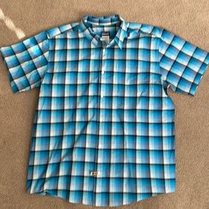 Patagonia Mens XL Blue, Aqua, White & Black Plaid Short Sleeve Shirt EUC